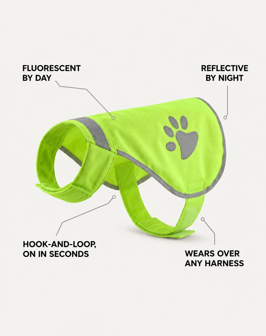 Beckon hi-vis dog vest feature callouts: fluorescent by day, reflective by night, hook-and-loop closure, wears over any harness