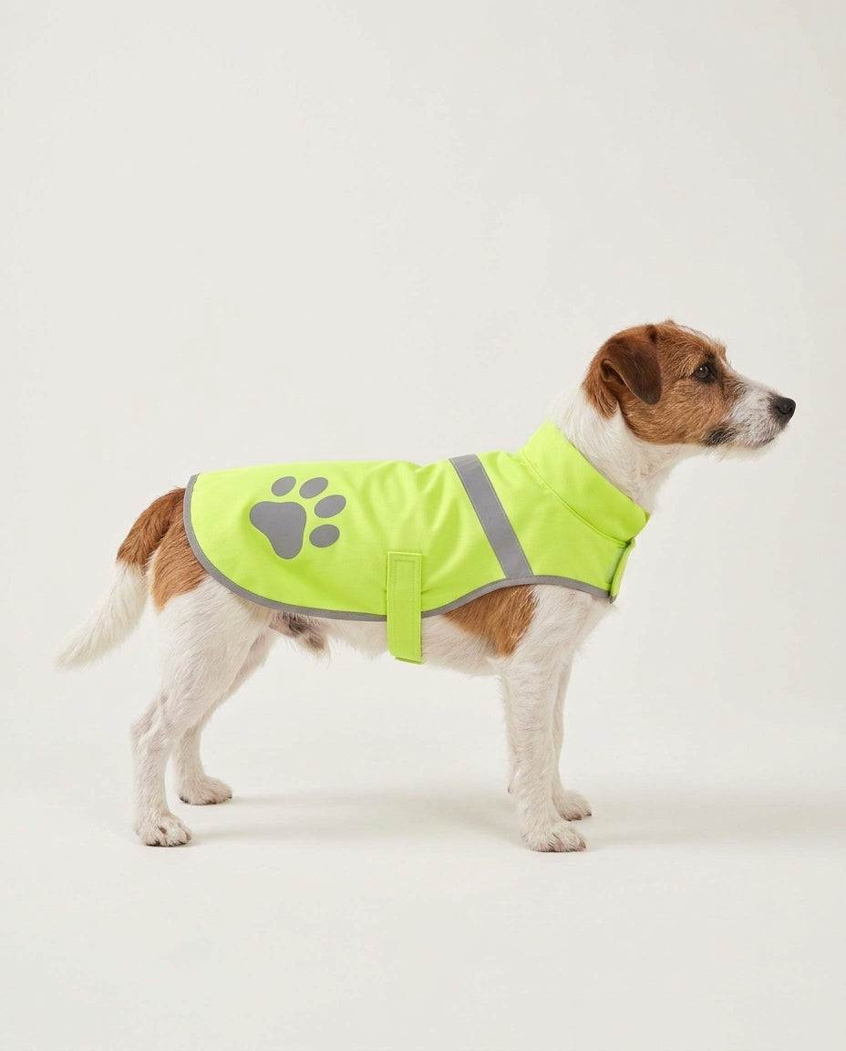 Small terrier wearing the Beckon hi-vis reflective vest in size Small