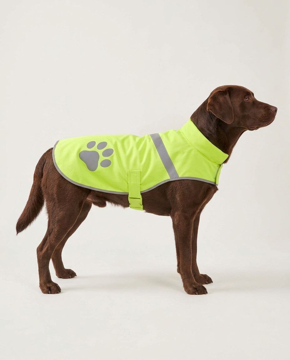 Labrador wearing the Beckon hi-vis reflective dog vest in fluorescent lime green with grey reflective band and paw print