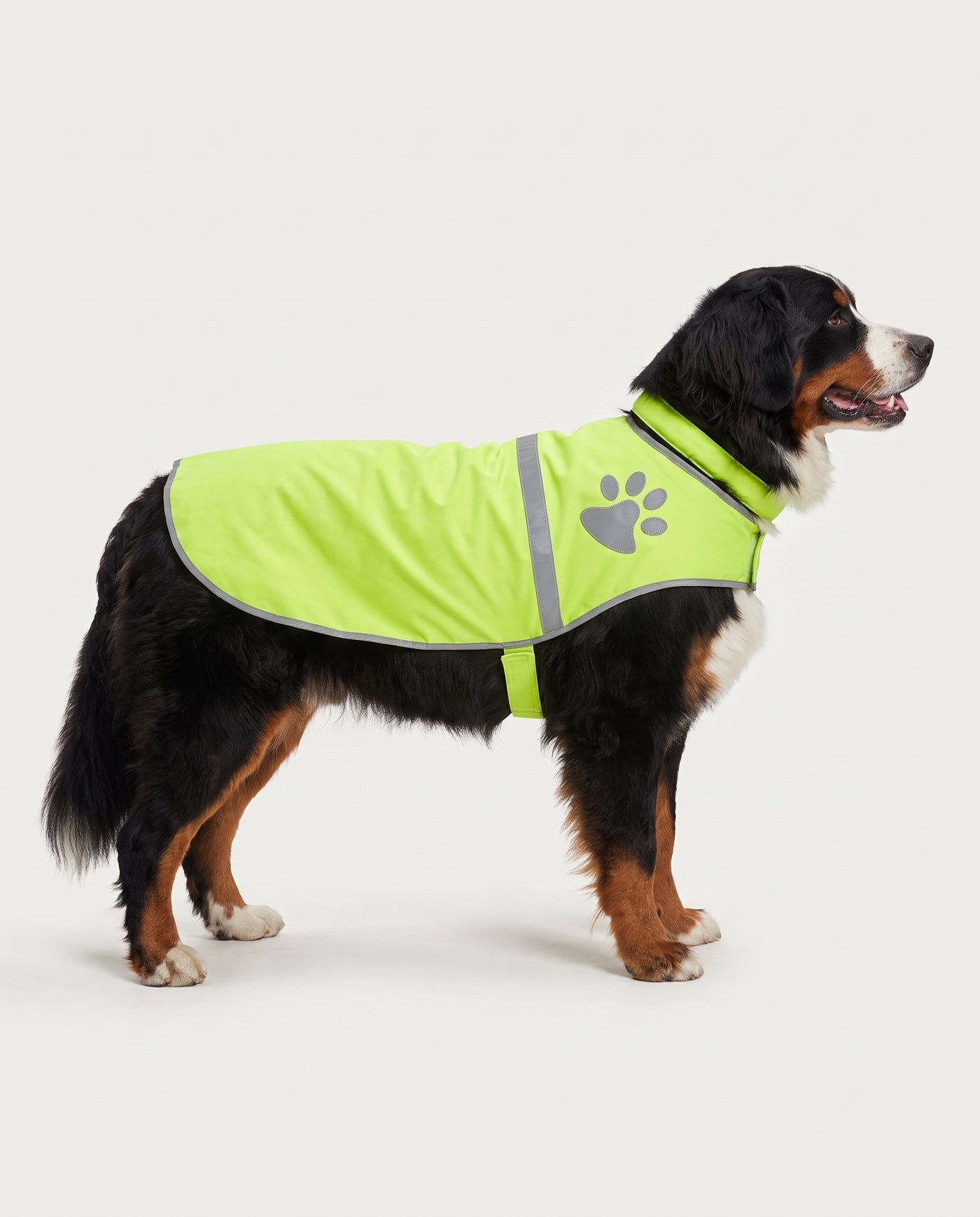 Extra-large dog wearing the Beckon hi-vis reflective vest in size XL