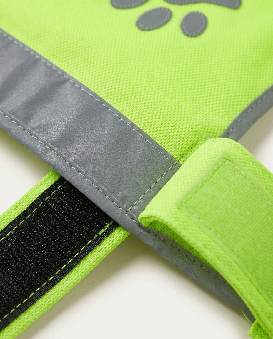 Close-up of the Beckon hi-vis dog vest showing the grey reflective band, edge stitching and black hook-and-loop belly strap