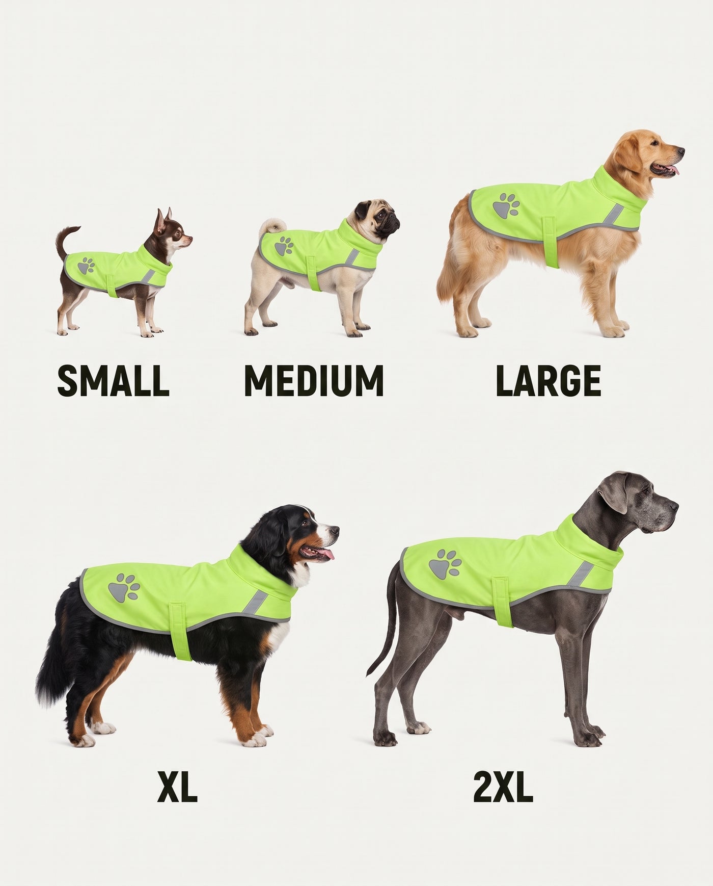 Beckon hi-vis dog vest size guide showing Small, Medium, Large, XL and 2XL on five different dogs