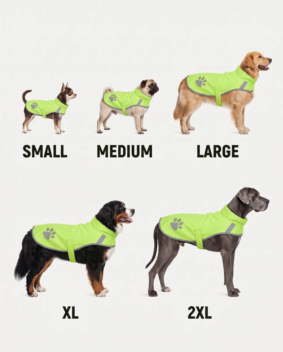 Beckon hi-vis dog vest shown in all five sizes, Small through 2XL, on five different dogs