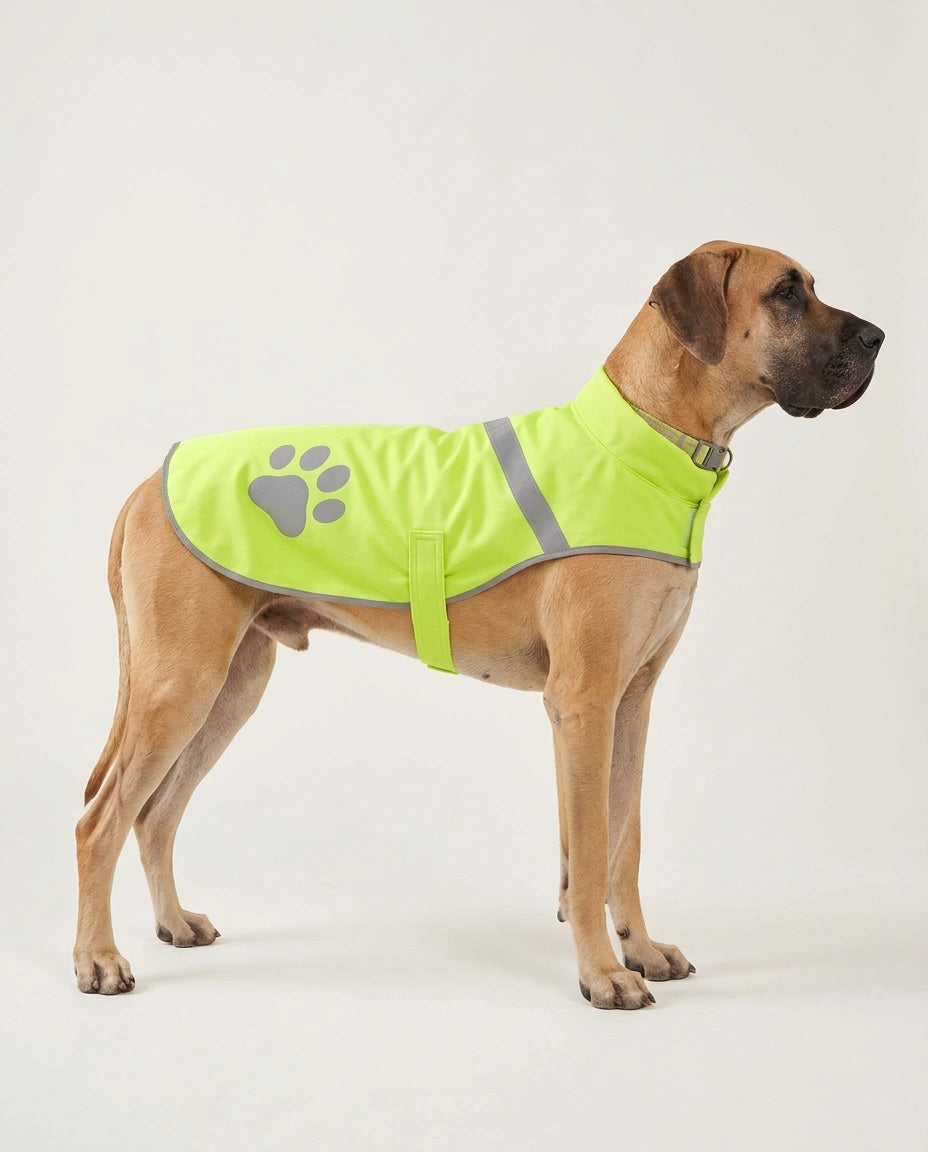 Great Dane, a giant breed, wearing the Beckon hi-vis reflective vest in size 2XL